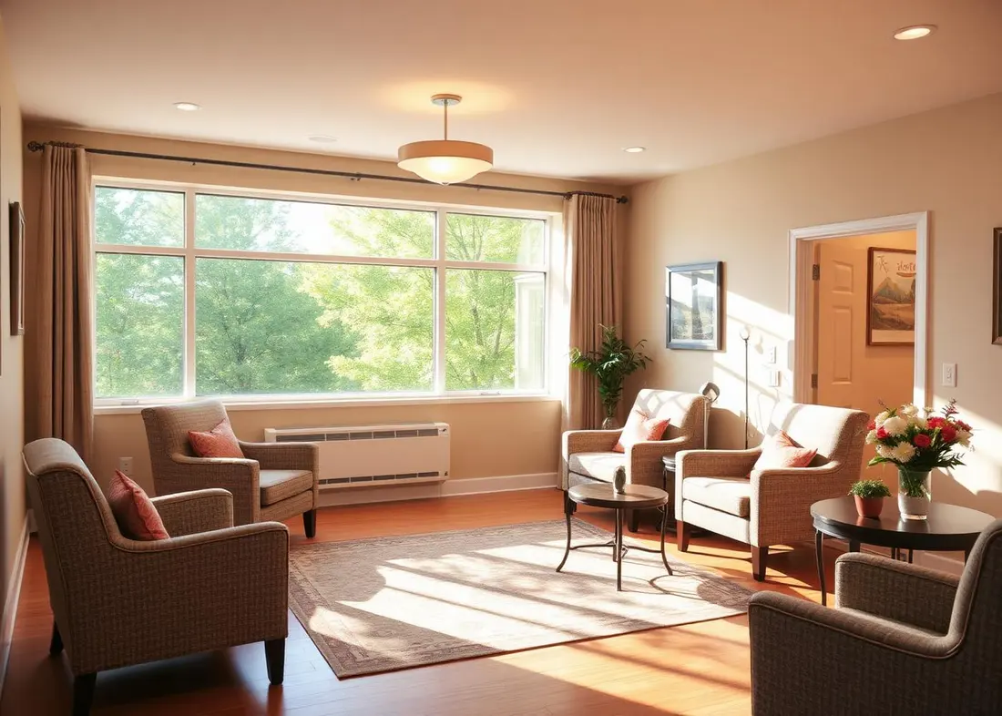 A bright sunlit common area