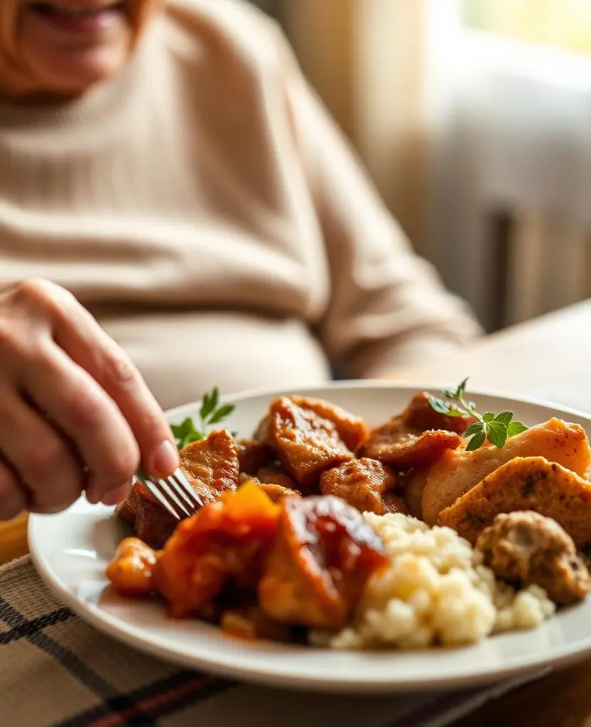 A freshly plated home-style meal being served to a resident