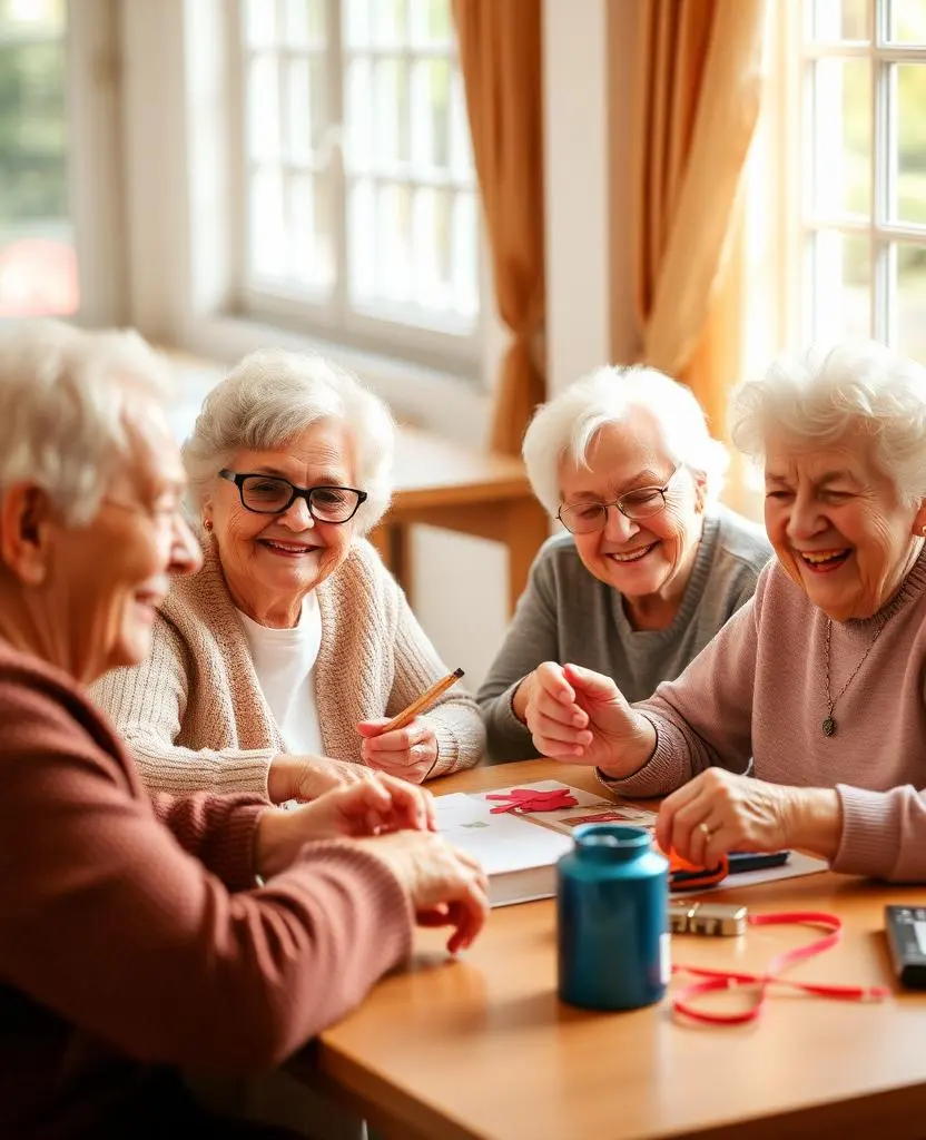 Senior residents smiling and enjoying a craft activity together