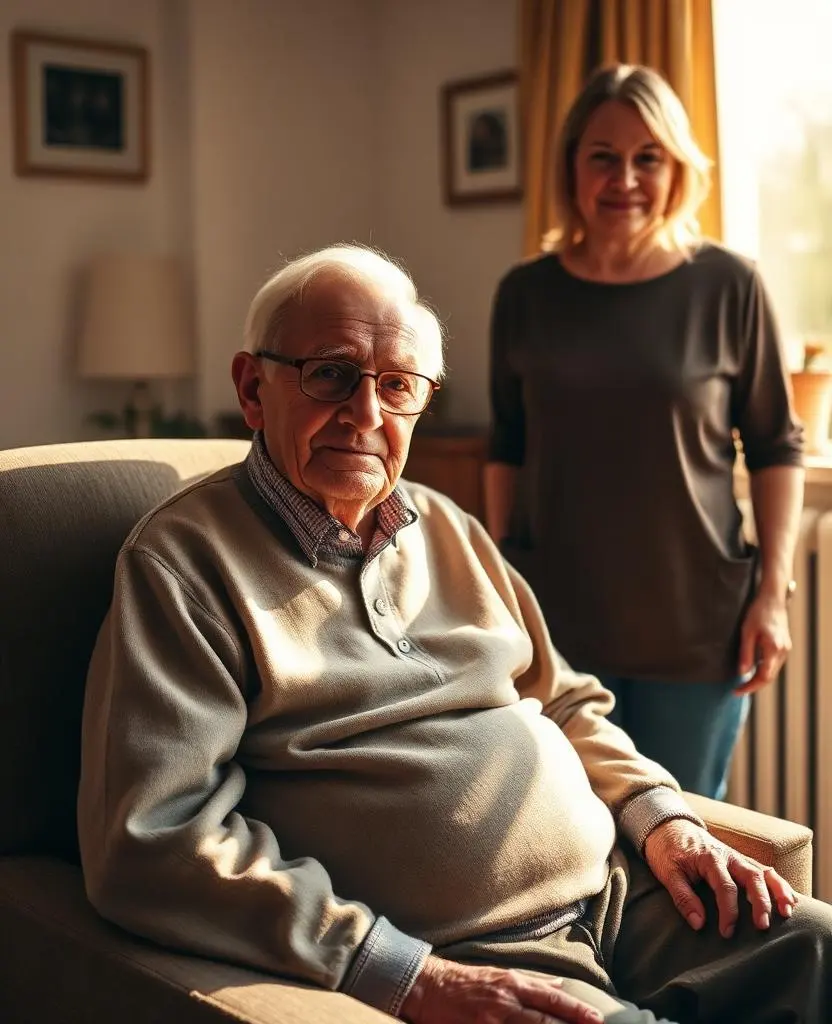 An elderly resident relaxing in a sunlit common room with a caregiver nearby