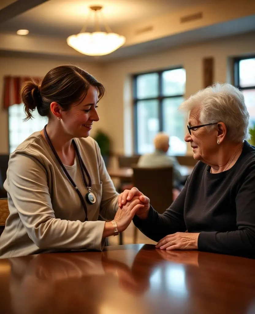 A caregiver gently holding an elderly resident's hand at a table