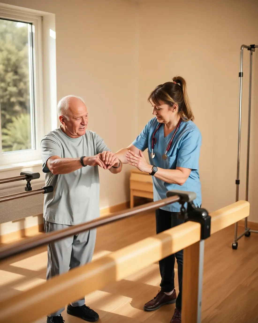 A therapist guiding an elderly resident through a balance exercise